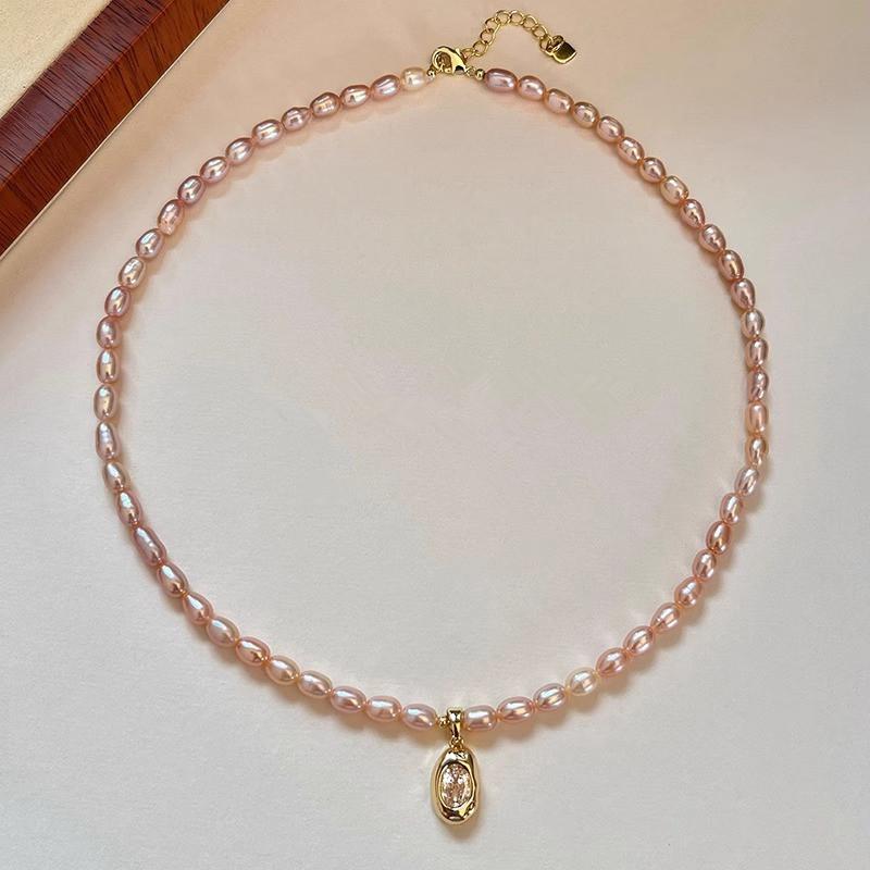 Pink Orange Rice Freshwater Pearl Zircon Pea Pendant Necklace Femininity Niche Design Clavicle Chain