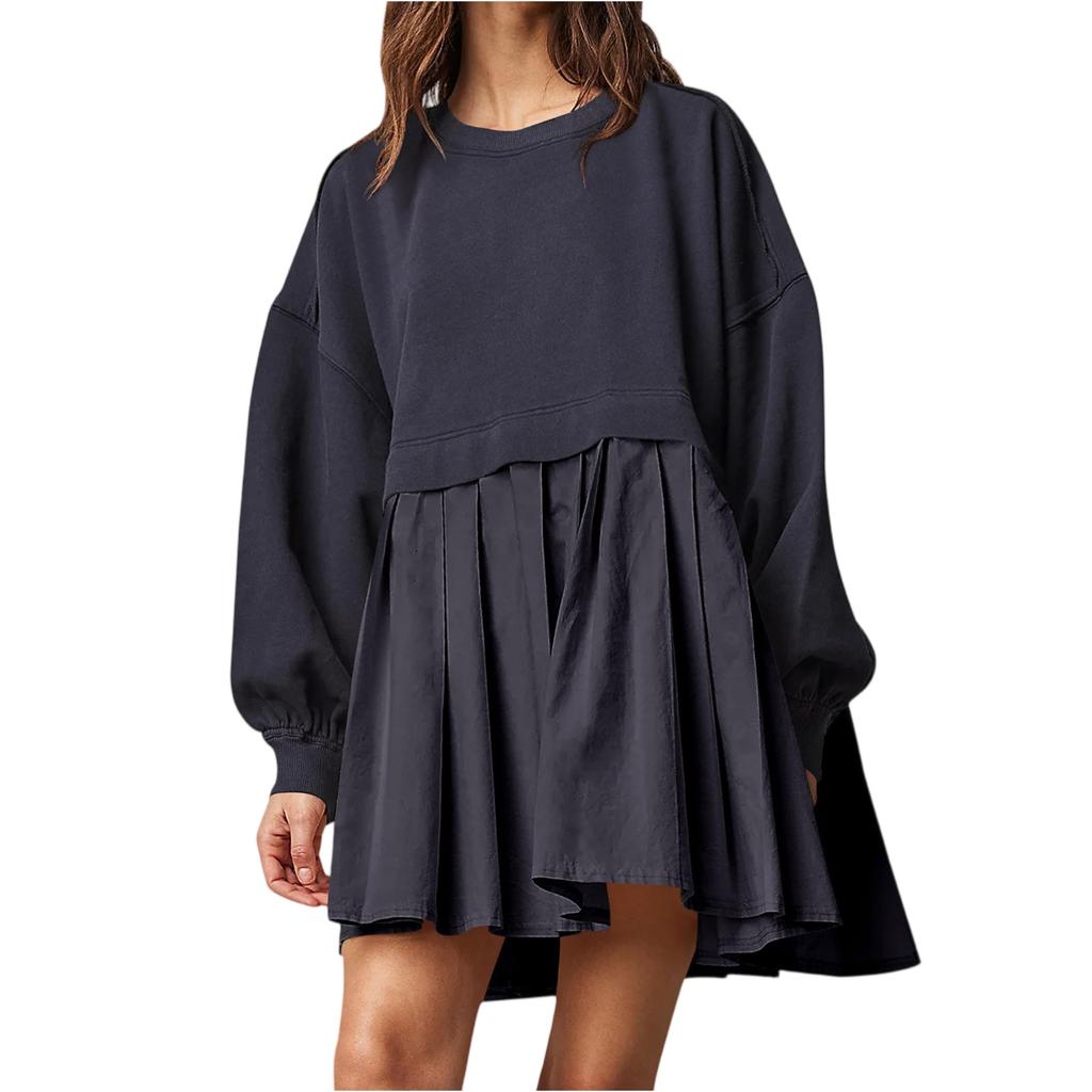 Women's Color Block Pleated Sweatshirt Dress Casual Loose Fit Two Piece