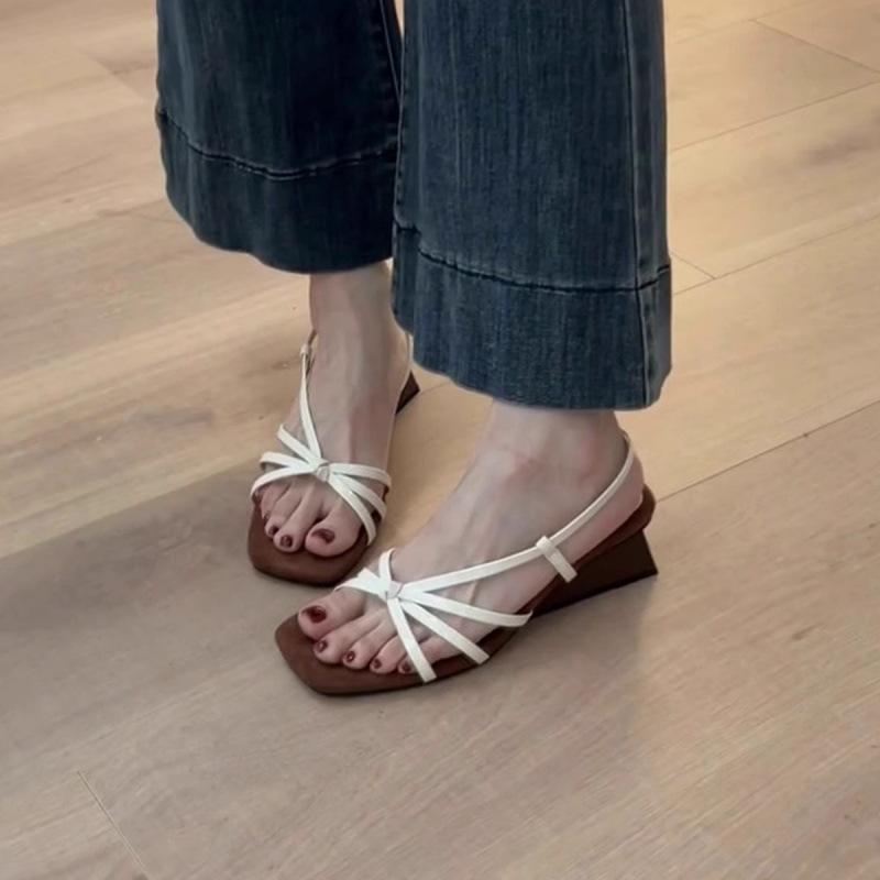 French Temperament One-word Thin Strap Wedge Sandals Women's 2025 New Square Head with Skirt Open-toed High-heeled Roman Sandals