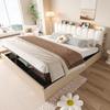 Wooden bed 180 × 200 cm, hydraulic frame, storage space, upholstered headrest, headboard, shelf, compartment, USB port, night light, wood colour