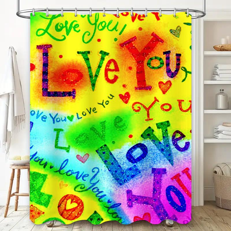 Colorful Love Shower Curtain Waterproof Bathroom Decor with 'Love You' Message for Home Decoration Gift Idea