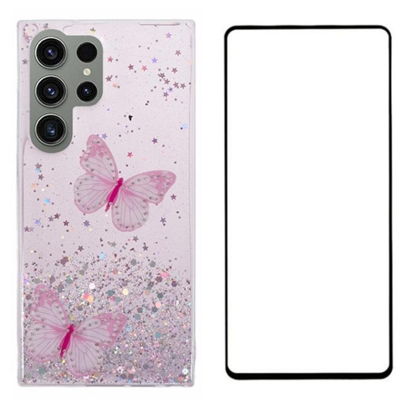 

For Samsung Galaxy S23 Ultra Case TPU Phone Cover with Screen Protector Bling 3D Butterfly Pink