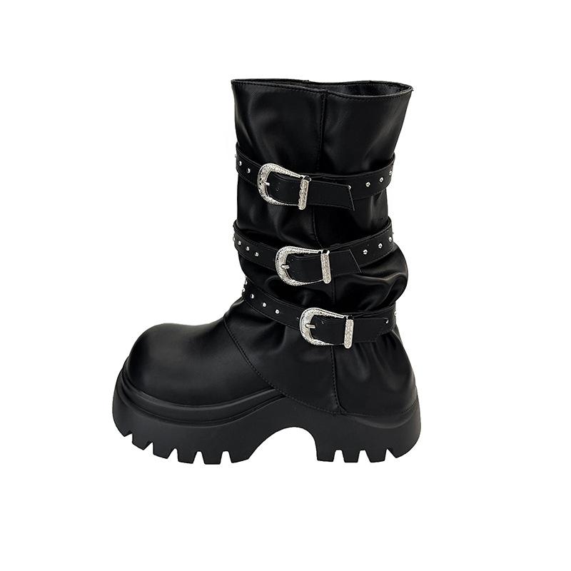 

Cowhide version! Brown short boots fashionable round head wide tube thin belt buckle rivet wedge tube pants tube boots 40