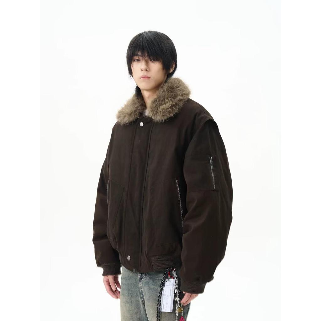 Men's American Retro Fur Collar Cotton Jacket – Trendy Winter Workwear, Thick and Versatile Warm Outerwear for Couples.