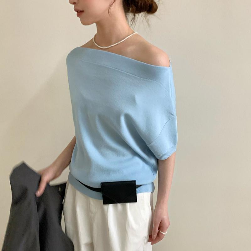 Summer Casual Sweater Women's Slanted Collar Black Stripe Pullover Harajuku Women Short Sleeve Tops Knitwear Trending Sweaters