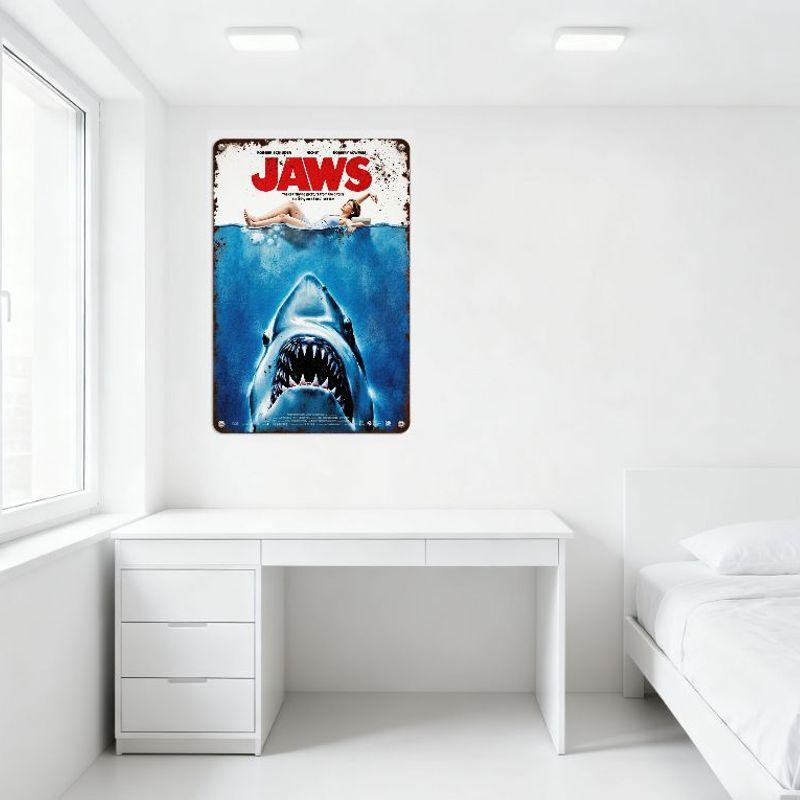 Jaws Vintage Metal Tin Sign, Distressed Rusty Border, Great White Shark Attack Scene, Home Decor for Man Cave Bar Cafe, Retro Mo