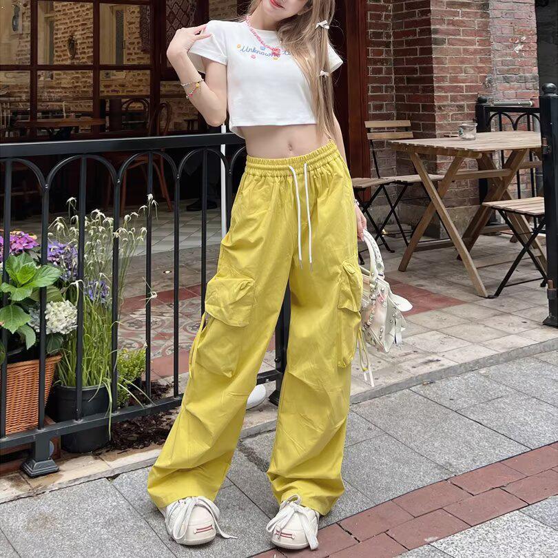 

Женские брюки карго с высокой талией в стиле ретро - Приталенные, широкие, повседневного кроя для весны и осени S жёлтый