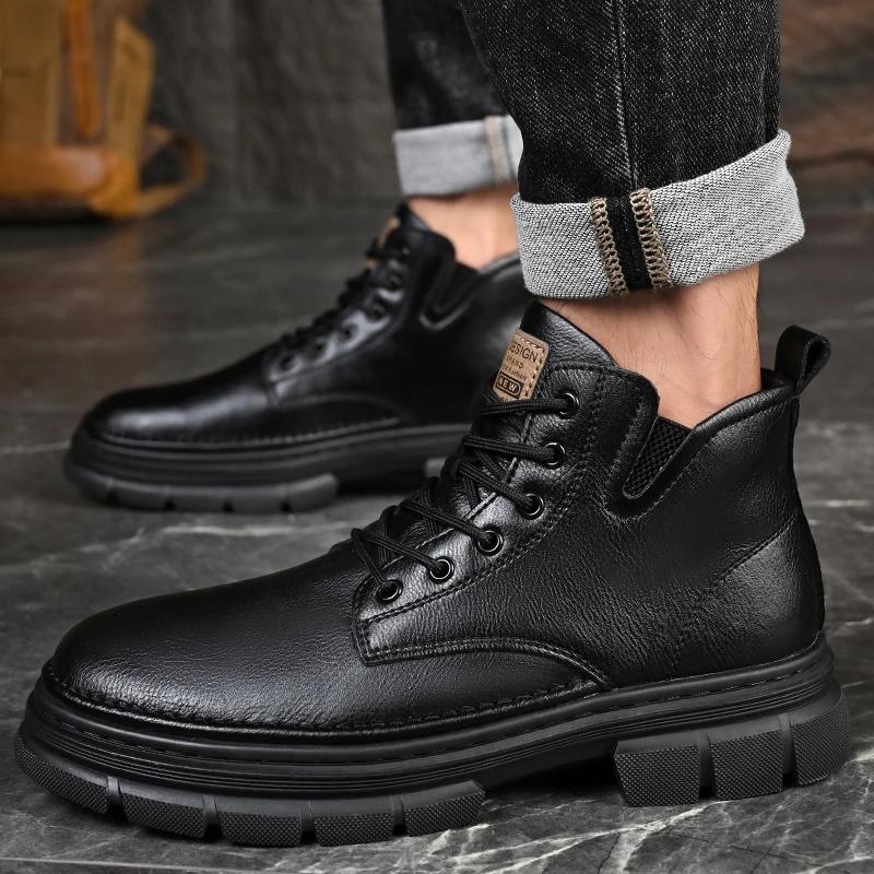 Fashion New Men Brand Mens Sneakers Male Comfortable Ankle Boots Leather Fashion Walking Shoes Hot Sale Men's Lace-Up Motorcycle Boots