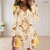 Women Plus Size V Neck Long Sleeve Abstract Printed Curved Hem Dress