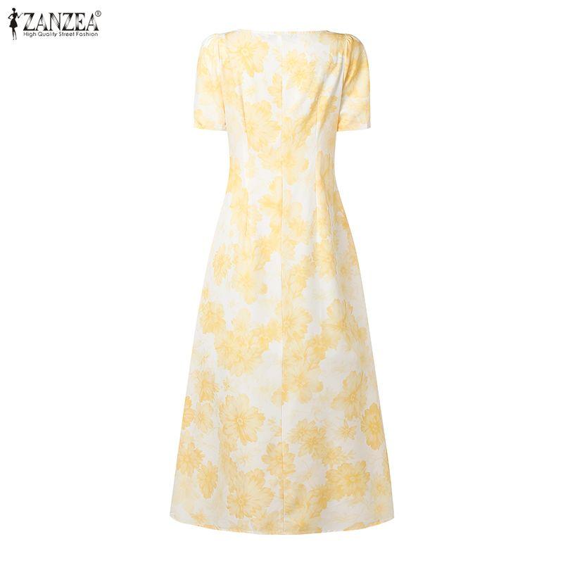 ZANZEA Women Elegant Square Collar Casual Short Sleeve Print Long Dress