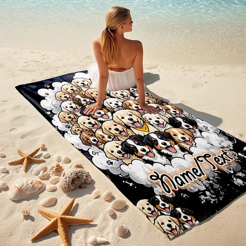 1PC Custom Name Puppies Clouds Beach Towel Highly Absorbent And Sand-Resistant Towel for Swimming, Pool, Yoga, And Travel Lightweight