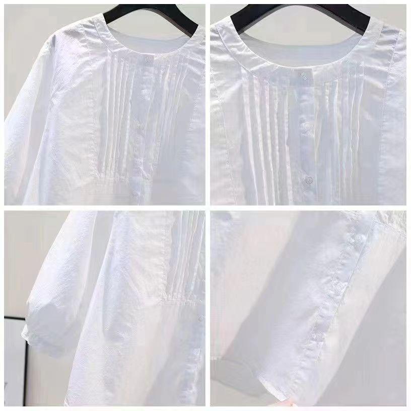 Korean Style White Cotton Shirt Women Summer Round Neck Casual Loose Fit Short Sleeve Top