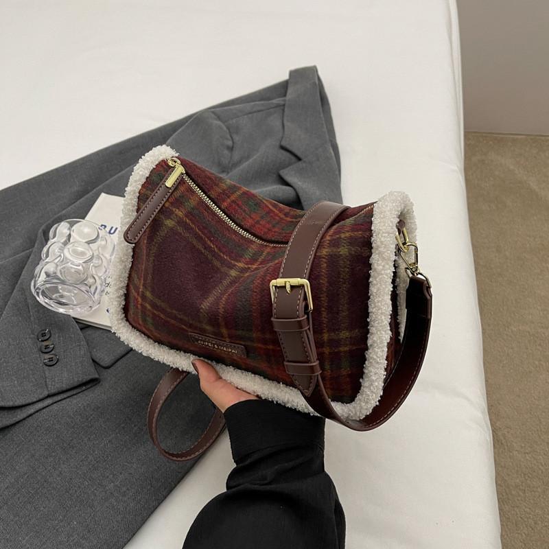 2024 Новая ретро клетчатая шерстяная сумка под мышкой для женщин винно-красная хаки кофейная
