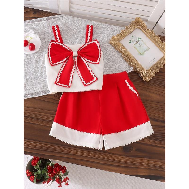 Children s Fashion Set: Summer Girls Bow-Tie Tank Top and Shorts Set 2-3Y