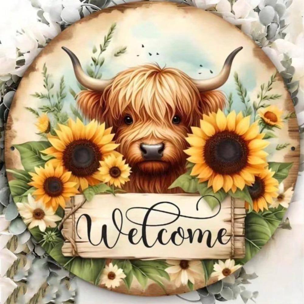 Welcome Sign High Cow Sunflower Vintage Metal Wall Art Decor Gift