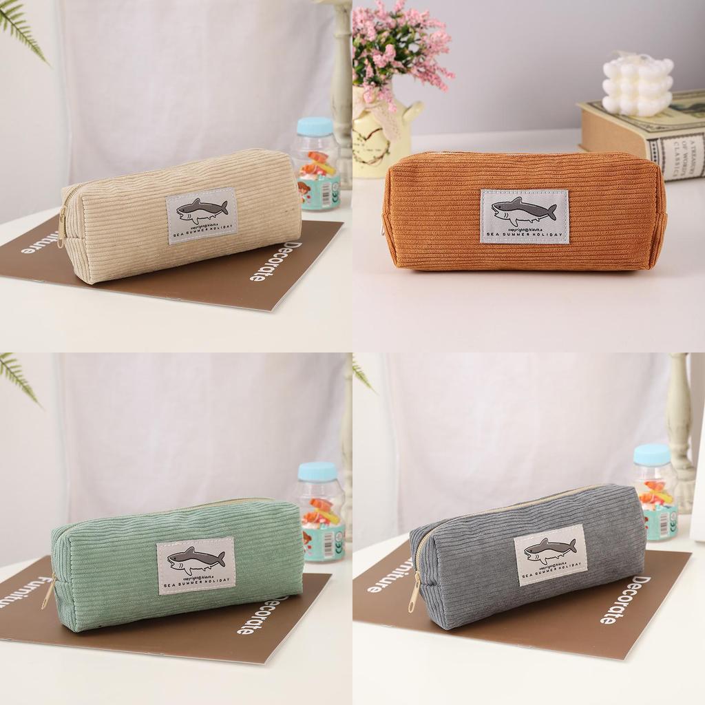 Cute Shark Corduroy Pen Bag With Durable Material For School And Office Use