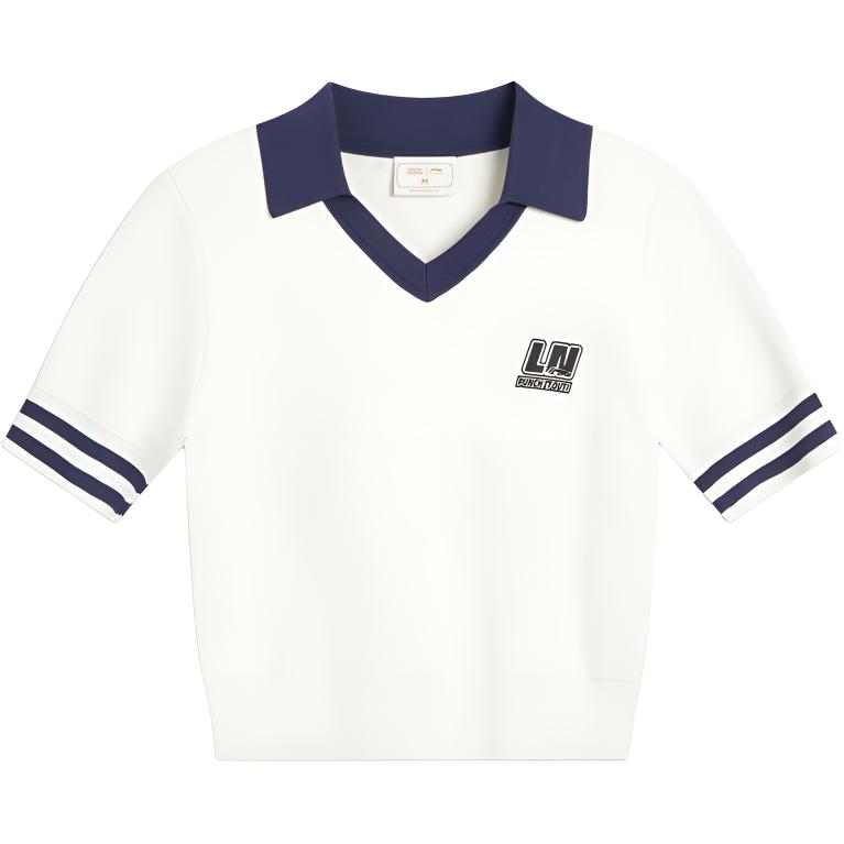 Li-Ning Casual Simple Color Block Polo Neck Pullover Striped Comfortable Versatile Short Sleeve T-Shirt Women T-Shirts AMBV326-1