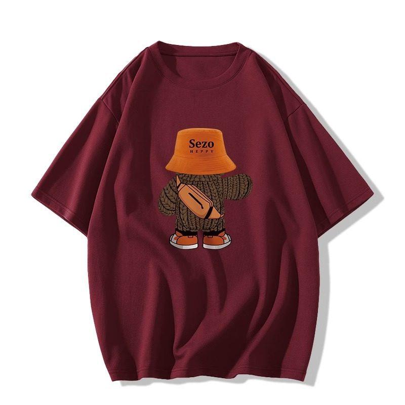 American Retro Pure Cotton Bear Printing Large Size Short-sleeved T-shirt Women's Fat Mm Summer Trendy Brand Design Sense Loose Half Sleeve