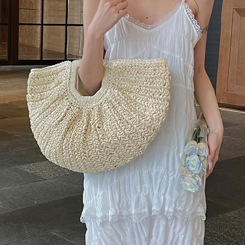 Woven Straw Bag Moon Large Capacity Purse and Handbag For Women Beach Basket Bags Fashion Travel Shoulder Shopper Totes