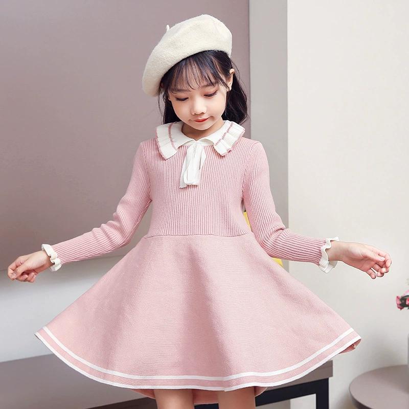 New Girl Baby Sweater Knitted Dress Children Warm Sweater Dress for Girls Infant Casual Pure Color Pleated Princess Dress