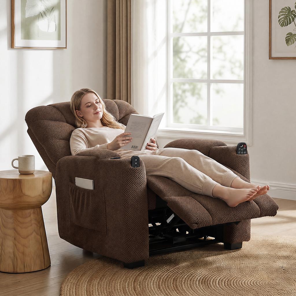 Electric Reclining Relax Chair With Lumbar Heat Vibration Massage Silent Motor Memory Function USB Pockets Brown