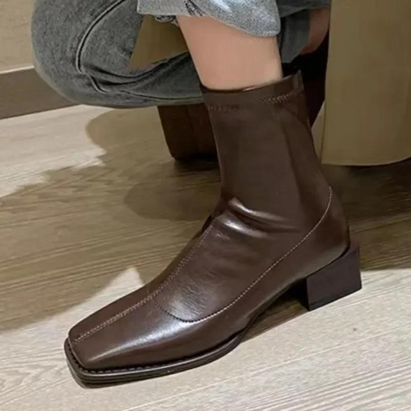 Fashion Winter Women's Chunky Heel mid Calf Boots Zipper Square Toe Ankle Boots For Women Solid Short Barrel Fashion Ladies Shoes 2025