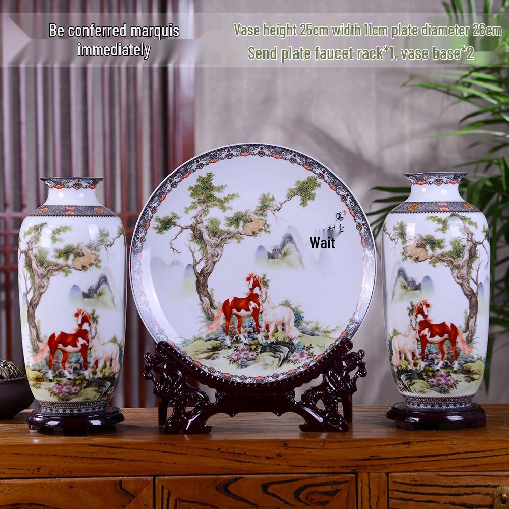 Famille Rose Mountain and River Ceramic Vase Set - Modern Three-Piece Home Decor