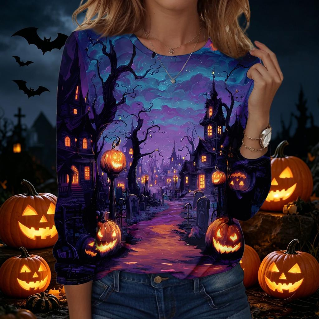 Women's Halloween Pullover Sweatshirt Long Sleeve Crewneck Top Casual Printed Lightweight Pullover Sweatshirt for Fall Seasonal Wear