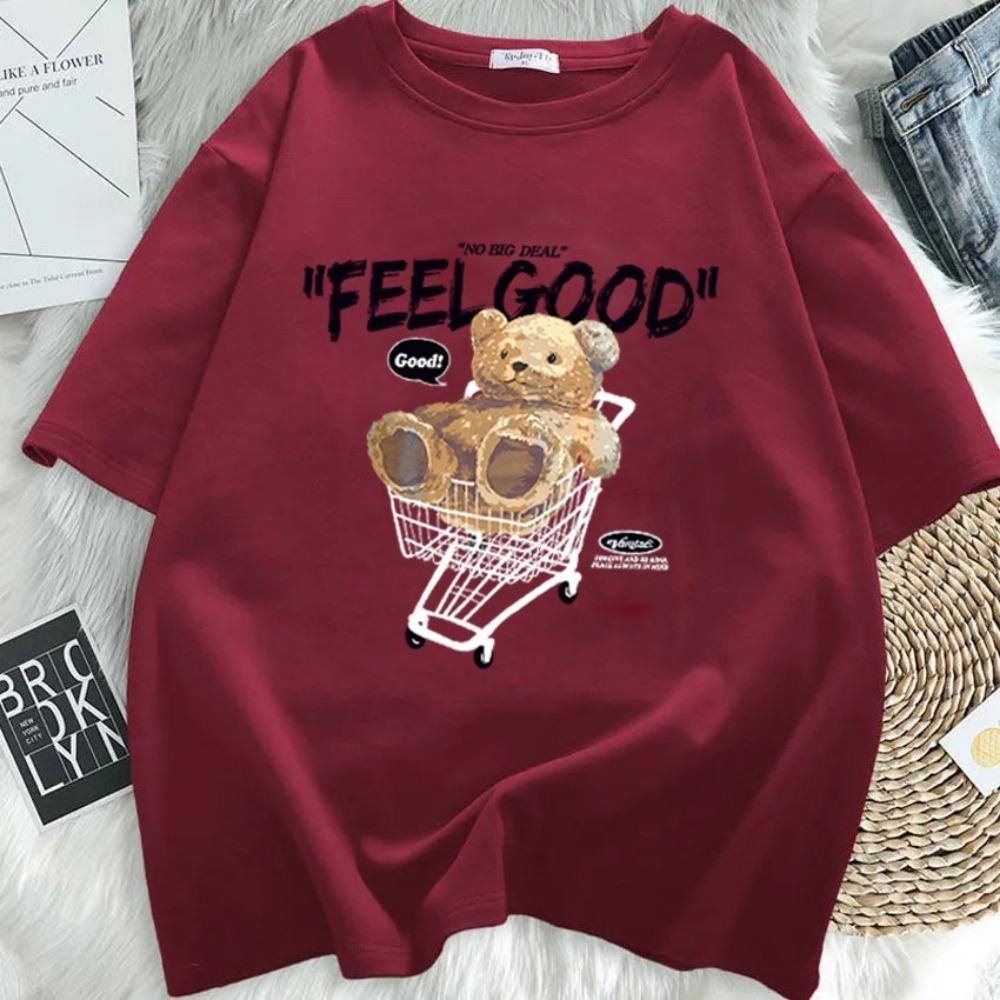T-shirt a maniche corte con orso dei cartoni animati da donna, top largo, moda, stile coreano, maglietta