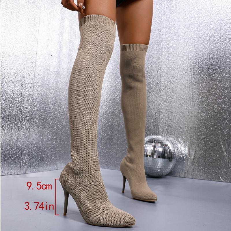 Autumn and winter new knee elastic boots pointed thin heel flying socks boots knitted tube knee boots