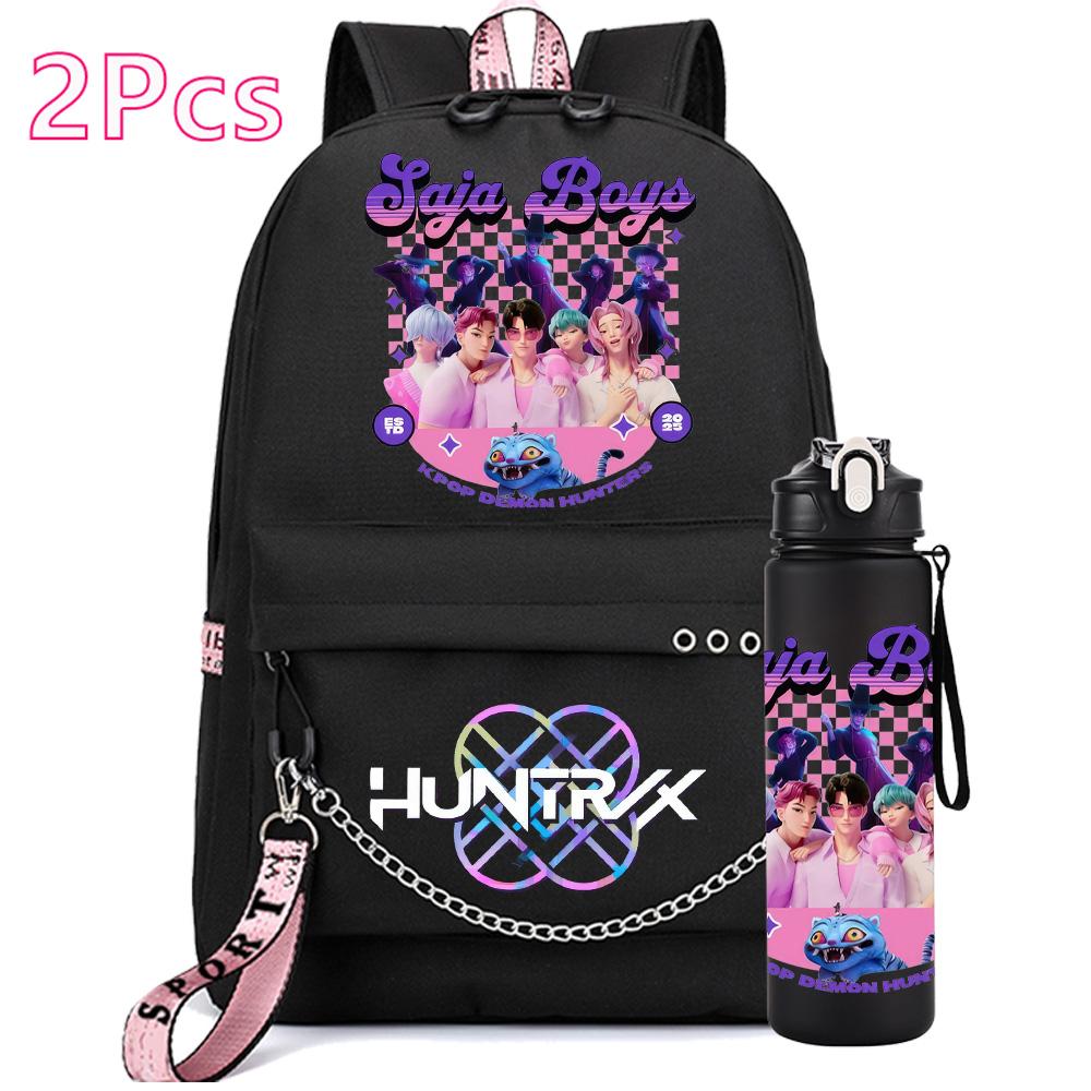2Pcs/set Anime Cute Kpop Printed Backpack with 750Ml Water Bottler for Teenager Girl Boy Bookbag Kid Gift Large Capacity Waterproof Travel Bag