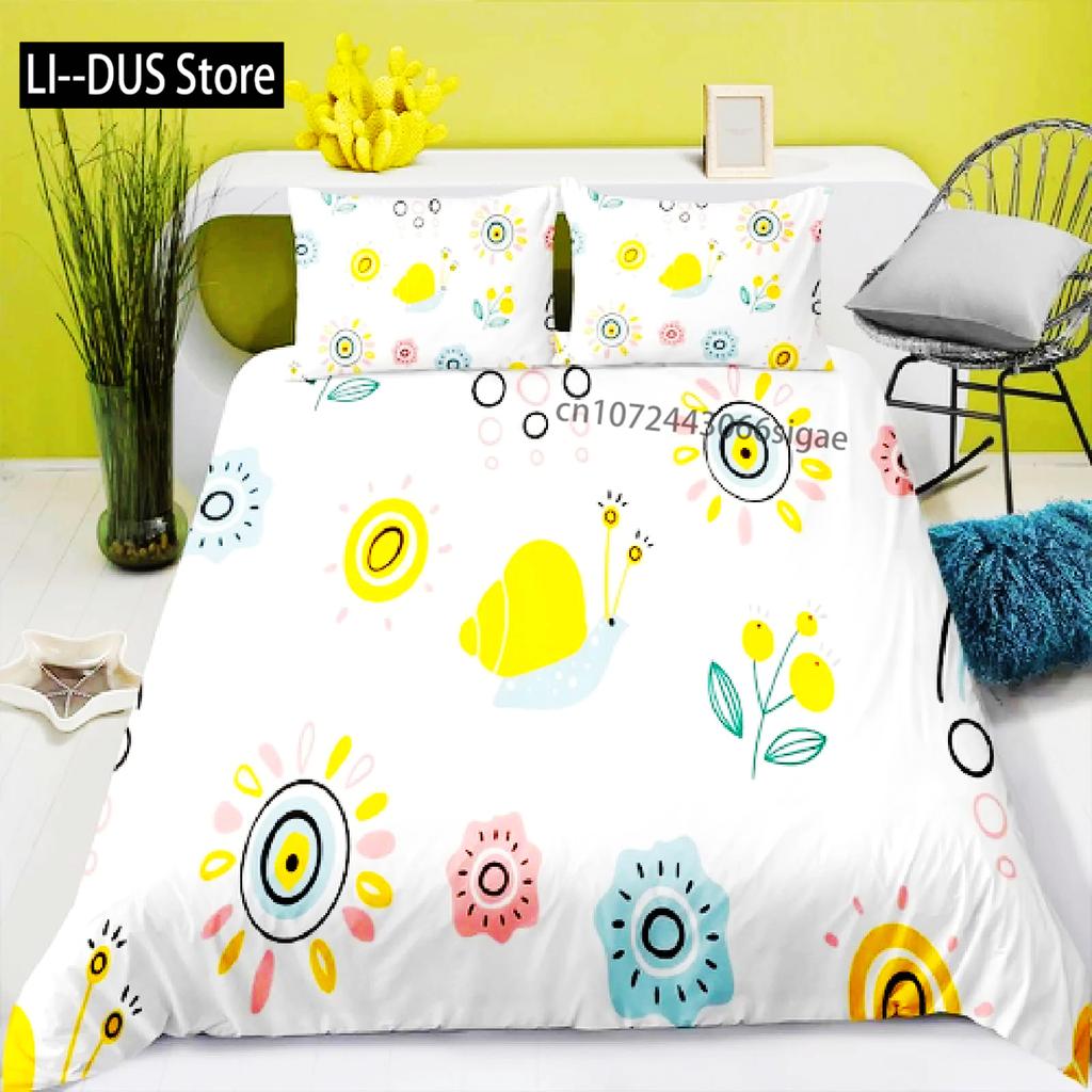 Colourful Snail Duvet Cover Set Cute Kawaii Animal Polyester Bedding Set Comforter Cover King Queen Size For Kids Boys Girls