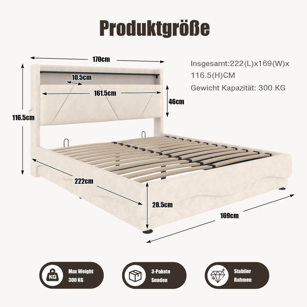Modernes Polsterbett – Kopfteil mit LED und Regalen, Stauraum darunter, Gasdruckfeder-Lattenrost, zertifizierte USB-Anschlüsse, Seitentaschen, 160 x 200CM