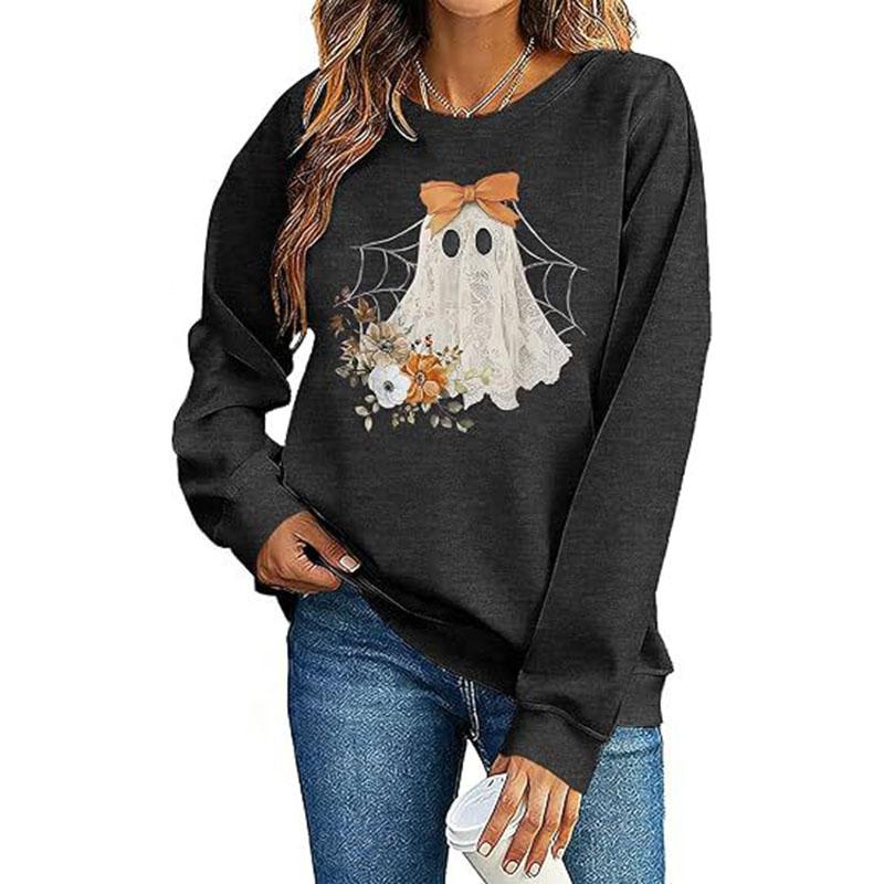 Hallowmas Ghost Print Long Sleeve Sweatshirt Women Crew Neck Oversized Pullover Top