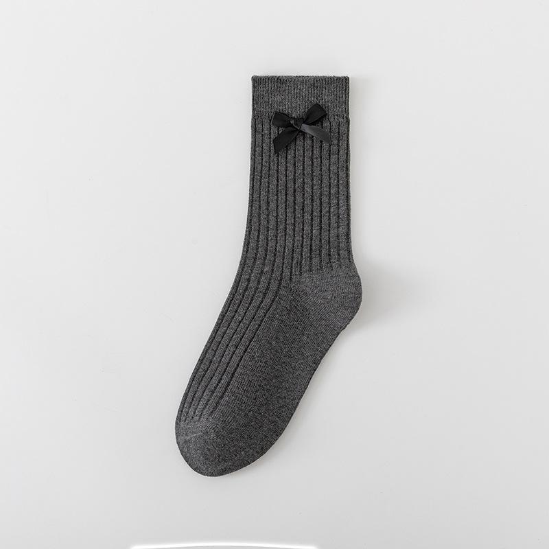 Ladies Fall Bow Ballet Style Solid Color Vertical Stripe Mid Tube Cotton Socks
