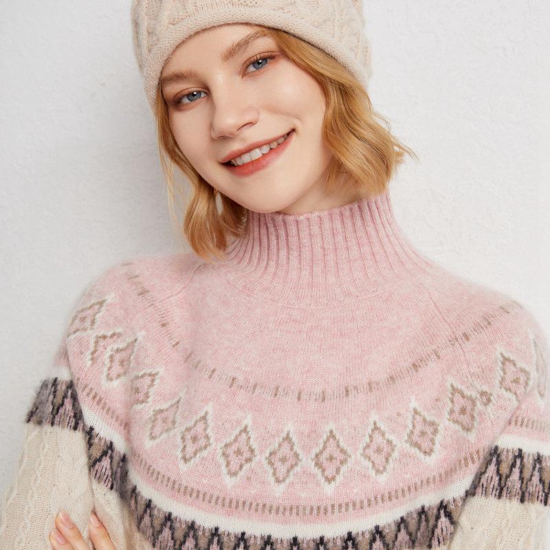 

Женский кашемировый жаккардовый свитер в этническом стиле - Дизайн в стиле колор-блок, Полувысокая горловина, Свободный крой, Идеально подходит для осени и зимы M светло-розовый