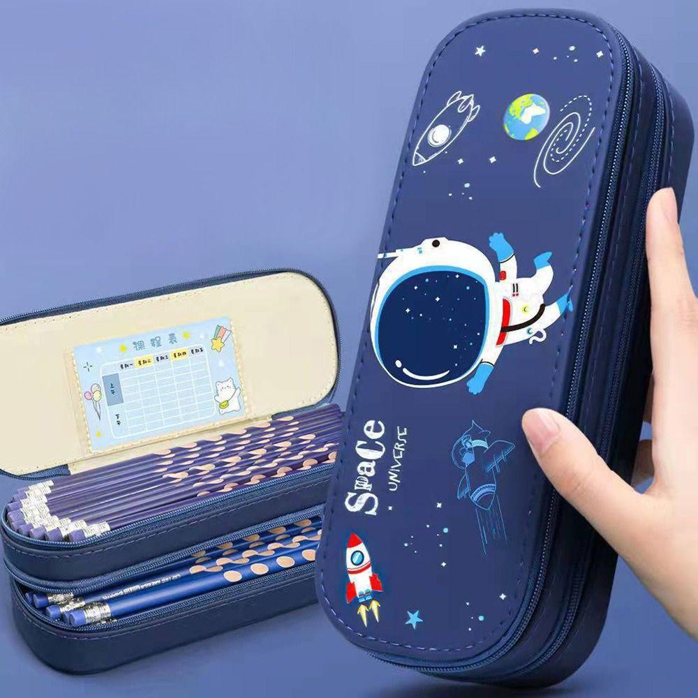 Large Capacity Cartoon Pencil Case Creative Double Layer PU Waterproof Stationery Box Student School Supplies