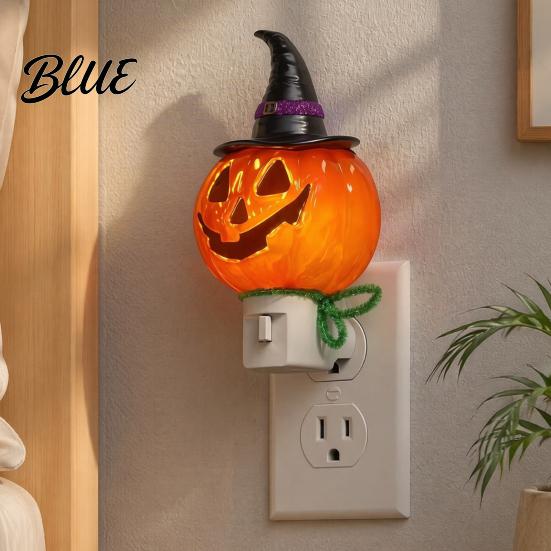 Halloween Party Lighting Pumpkin Ghost Night Light with Witch Hat Resin Soft Glow Plug-in LED Bedroom Light Spooky Wall Sconce for Home Decorative