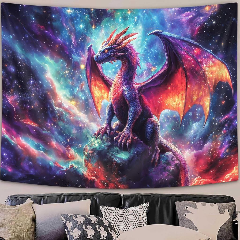 Purple Dragon Tapestry, Gothic Medieval Fantasy Animals Cool Dragon Tapestry for Bedroom Aesthetic, Nebula Starry Sky Ta