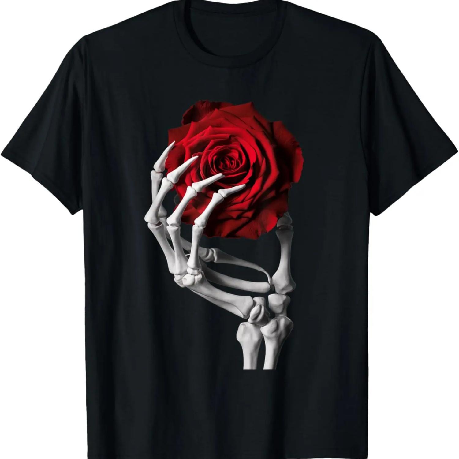 Skeleton Hand Red Rose Flower T-Shirt S чёрный