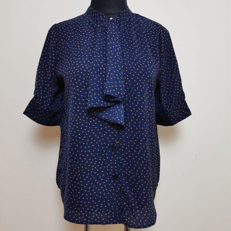 Export Japanese Original Order Leftover Stock Ribbon Polka Dot Elegant Half Sleeve Shirt Women's Versatile Stand Collar Chiffon Shirt Bottoming Shirt