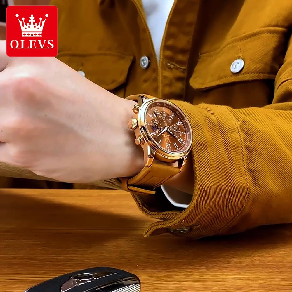 OLEVS Men's Watches Casual Fashion Leather Strap Waterproof Original Quartz Wristwatch for Man Moon Phase Date Chronograph 2912