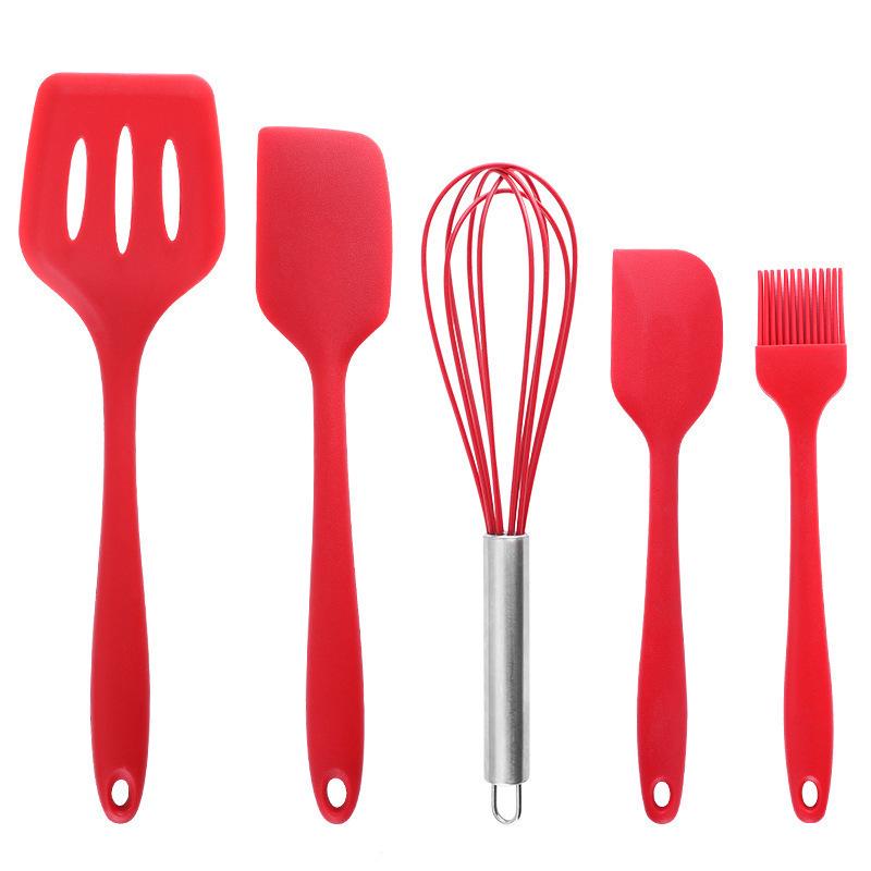 Set de 5 ustensile de bucătărie din silicon: Spatulă, Pensulă de ulei, Tel și Lingură de gătit