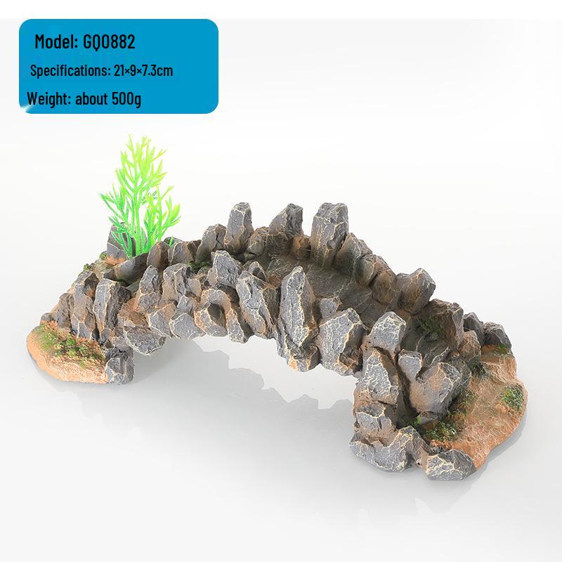 Fish Tank Decor: Artificial Mountain & Wooden Suspension Bridge Set