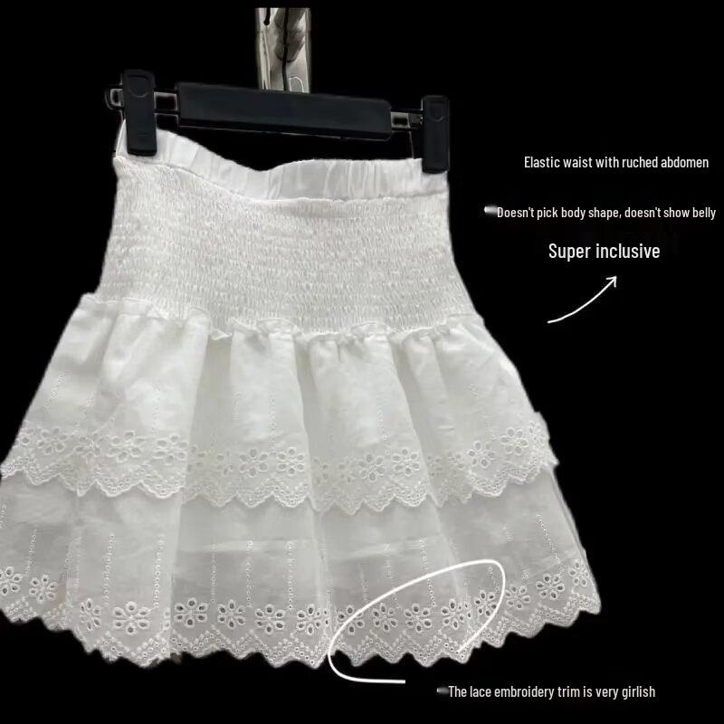 Plus Size A-line Fluffy Layered Skirt with Elastic Waist - Women s Spring/Summer Pleated Short Skirt Pants S белый