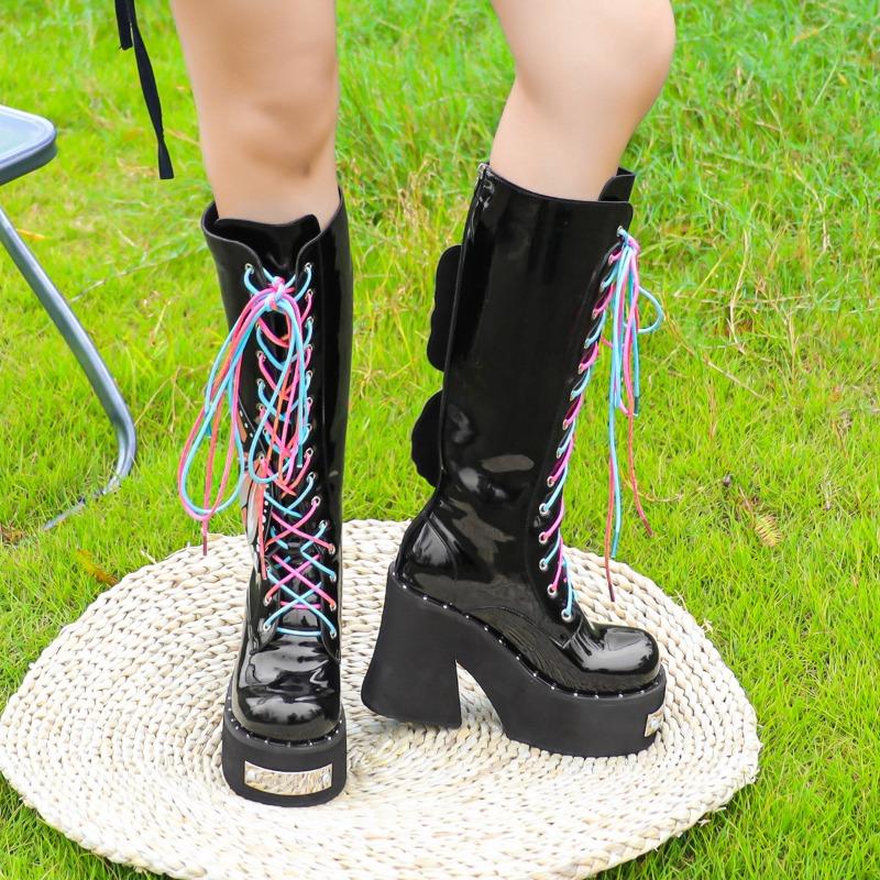 Fashion Women's Dark Platform Locomotive Boot Punk Style Knee Boot Fashion Colored Wings Butterfly Mid Boot Women Tide Boots Boats Mujer