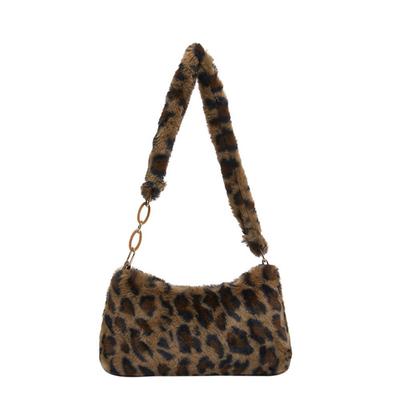 Trendy Leopard Print Shoulder Bags Soft Faux Fur Puffy Handbags Cow Print Design Faux Fur Handbags Winter Season