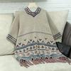 Fashion Women V-Neck Loose Knitwear Sweater Bat Sleeve Cardigan Autumn Winter Print Cloak Cross Border