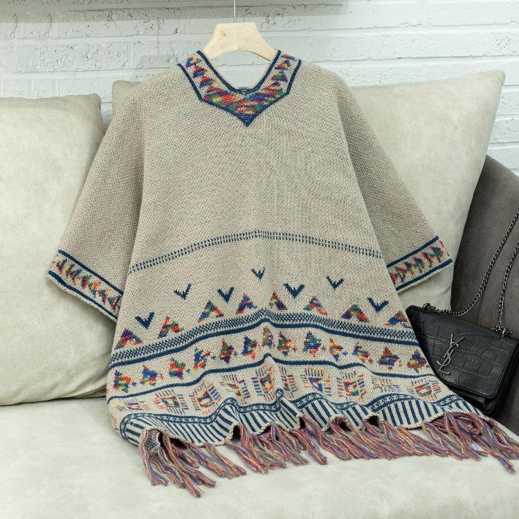 Fashion Women V-Neck Loose Knitwear Sweater Bat Sleeve Cardigan Autumn Winter Print Cloak Cross Border