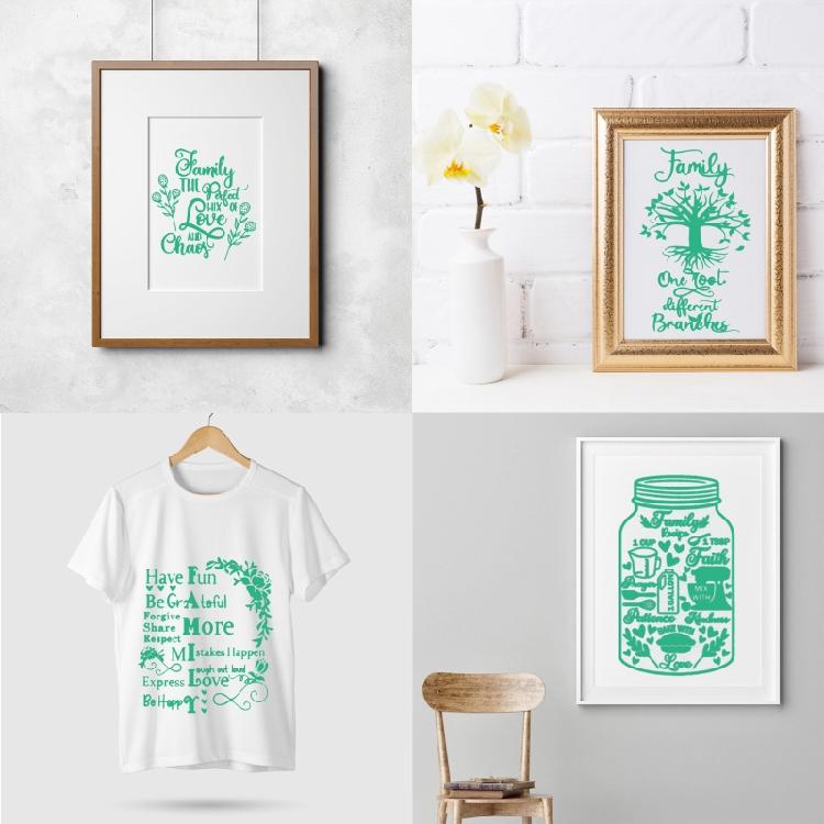 Estênceis de Serigrafia Tema Família 20x20cm Laváveis para Camisetas Artesanais Fabricação de Joias Impressão em Argila Tecido